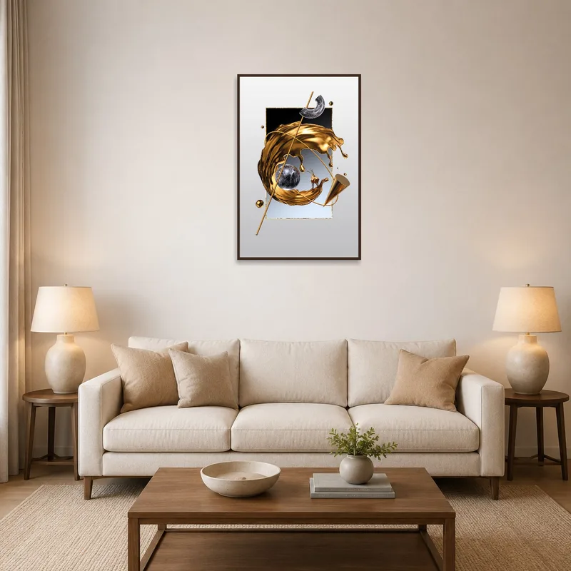 Abstract art with golden splash hangs above a modern sofa in the living room.