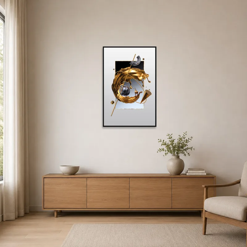 Golden abstract splash artwork complements a minimalist room with clean lines.