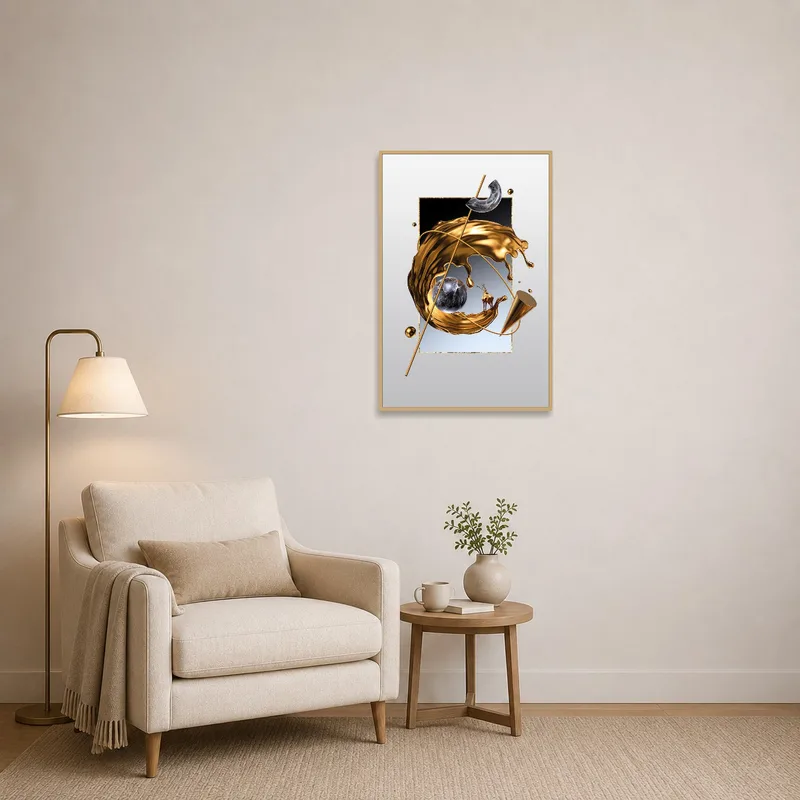 Golden splash abstract art adds a thoughtful touch to a cozy reading corner.