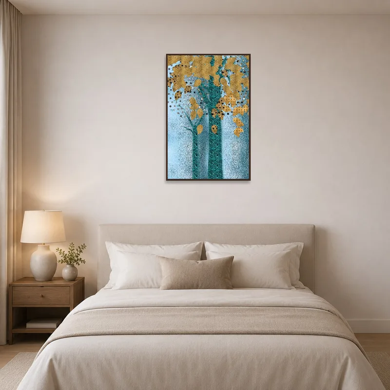 Bedroom adorned with golden leaves on a teal background for a serene atmosphere.