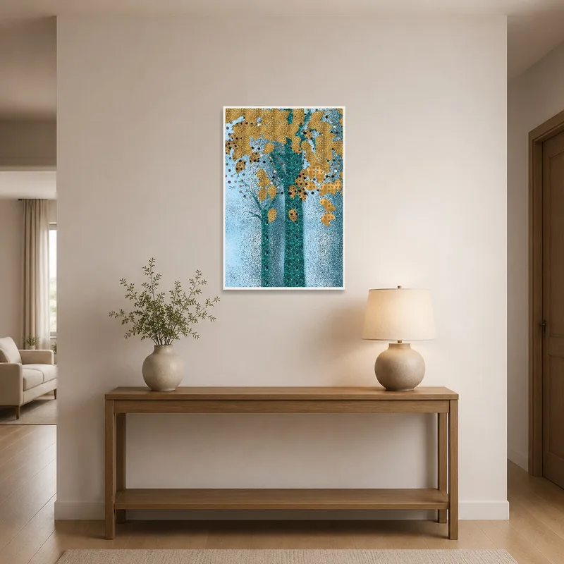 Golden leaves artwork welcoming guests in a vibrant entrance hall.