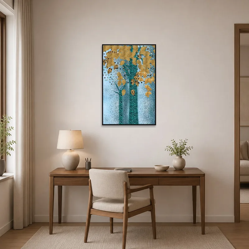 Golden tree leaves artwork adding sophistication to a focused home office setting.