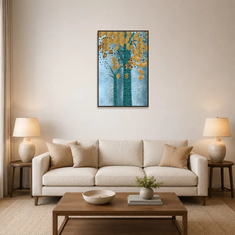 Golden tree leaves artwork brightening up a cozy living room with teal accents.