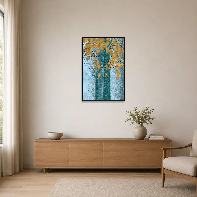 Simple display of golden tree leaves on teal, enhancing a clean, minimalist space.