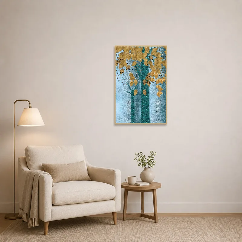 Teal backdrop with golden leaves adding elegance to a tranquil reading corner.
