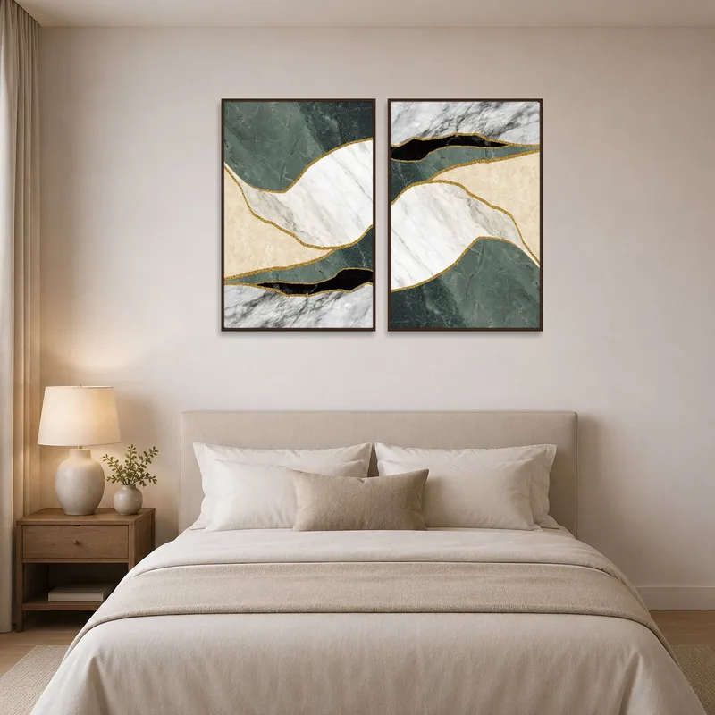 Bedroom wall adorned with green and gold abstract artwork.