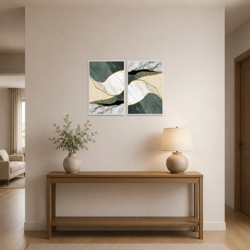 Entrance hall features a striking green and gold art set.