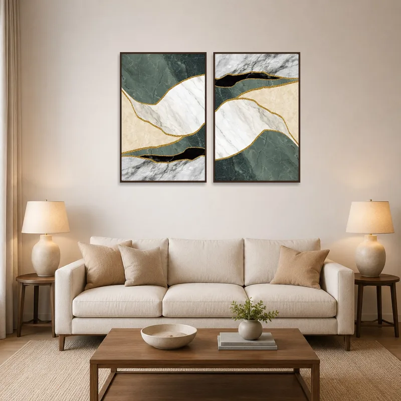 Abstract green and gold wall art set brightens a stylish living room.