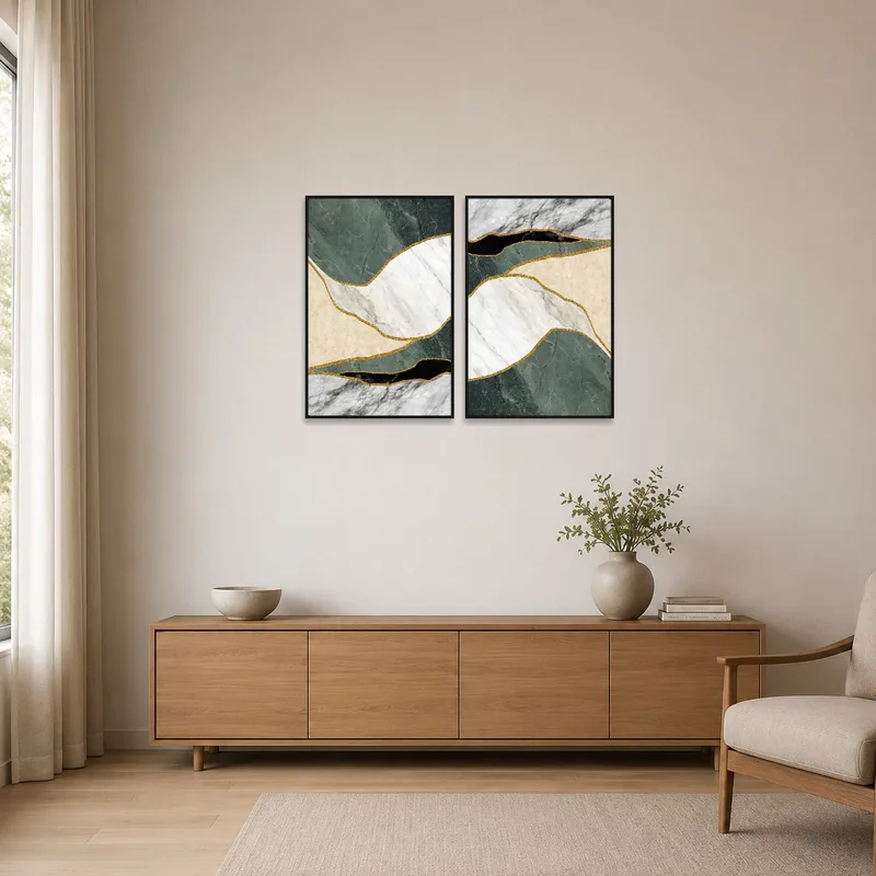 Minimalist room with green and gold geological art adding color.