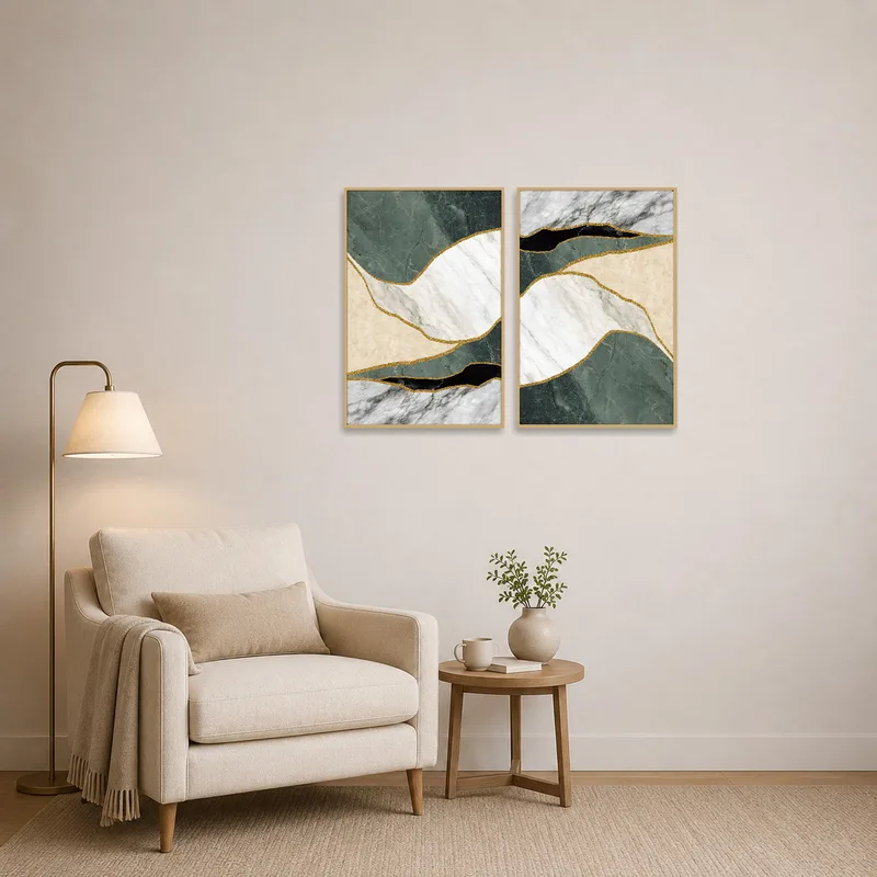 Reading corner enhanced by abstract green and gold geological art.