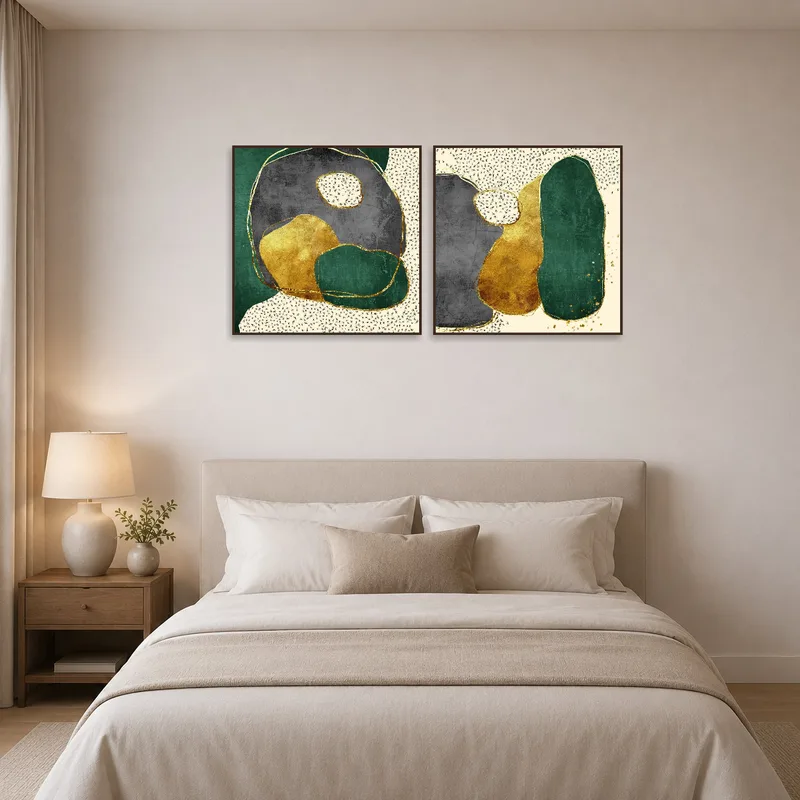 Abstract green and gold textured art set mounted above a stylish bed.