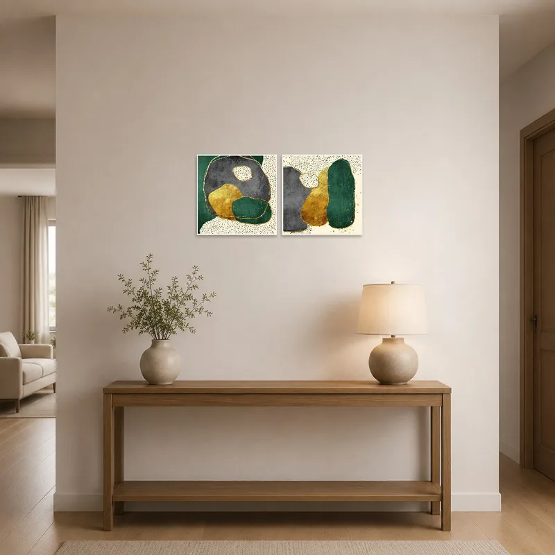 Entrance hall adorned with abstract green and gold art set, welcoming visitors.