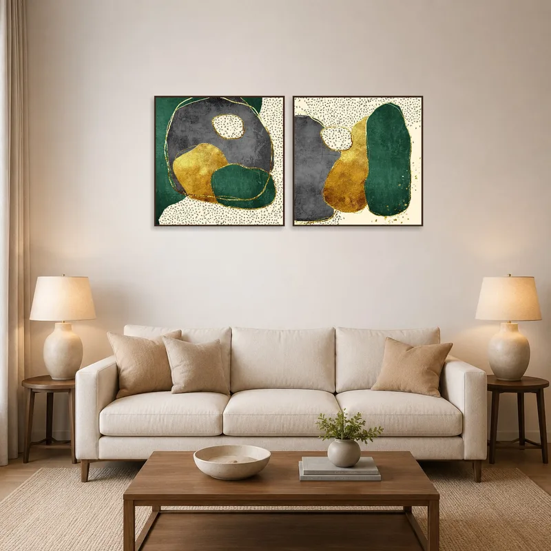 Abstract green and gold textured art set on a living room wall with cozy furniture.