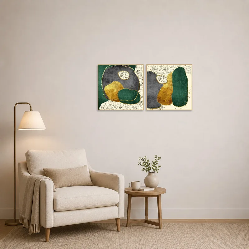 Reading corner featuring green and gold abstract art set, adding elegance to the space.
