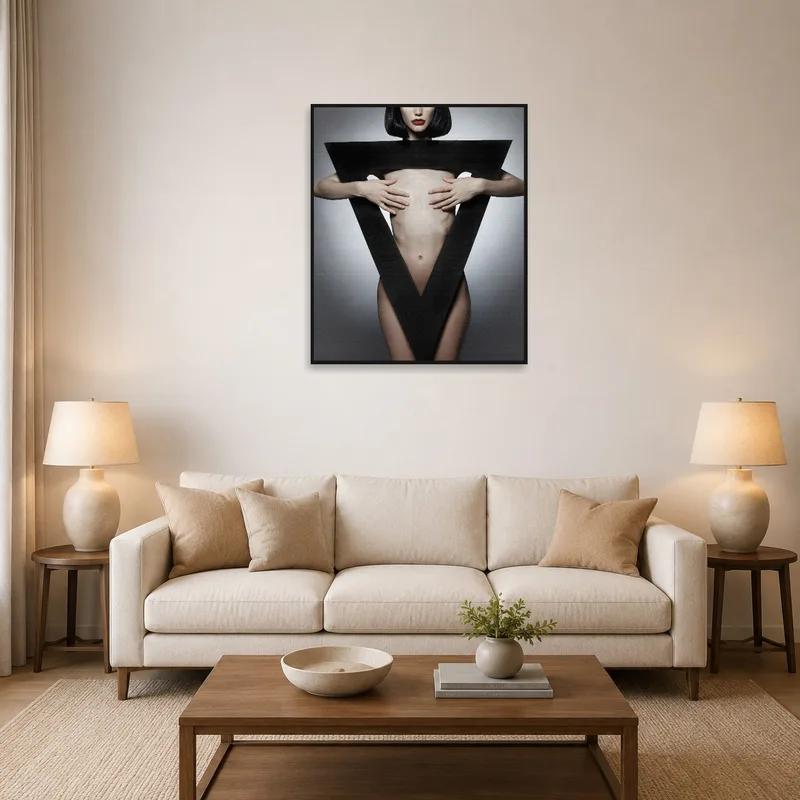 Artwork of abstract human form with geometric shape in a living room setting.