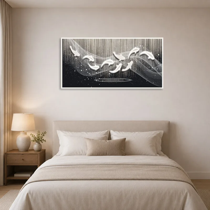 Calming abstract koi fish piece brings tranquility to a cozy bedroom space.