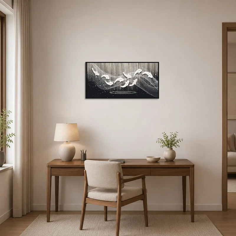 Inspiring abstract koi fish artwork elevating the ambiance of a productive home office.