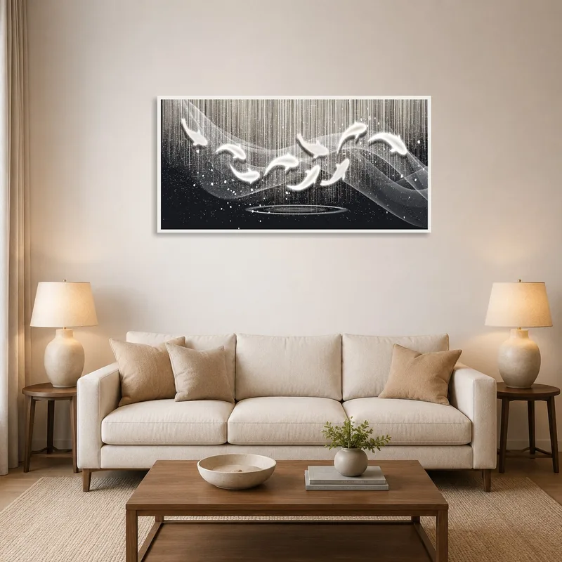Abstract koi fish art above a modern sofa with vibrant hues in a cozy living room.
