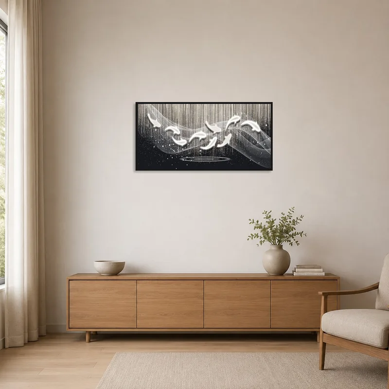 Abstract koi fish artwork adding subtle elegance to a bare minimalist room.