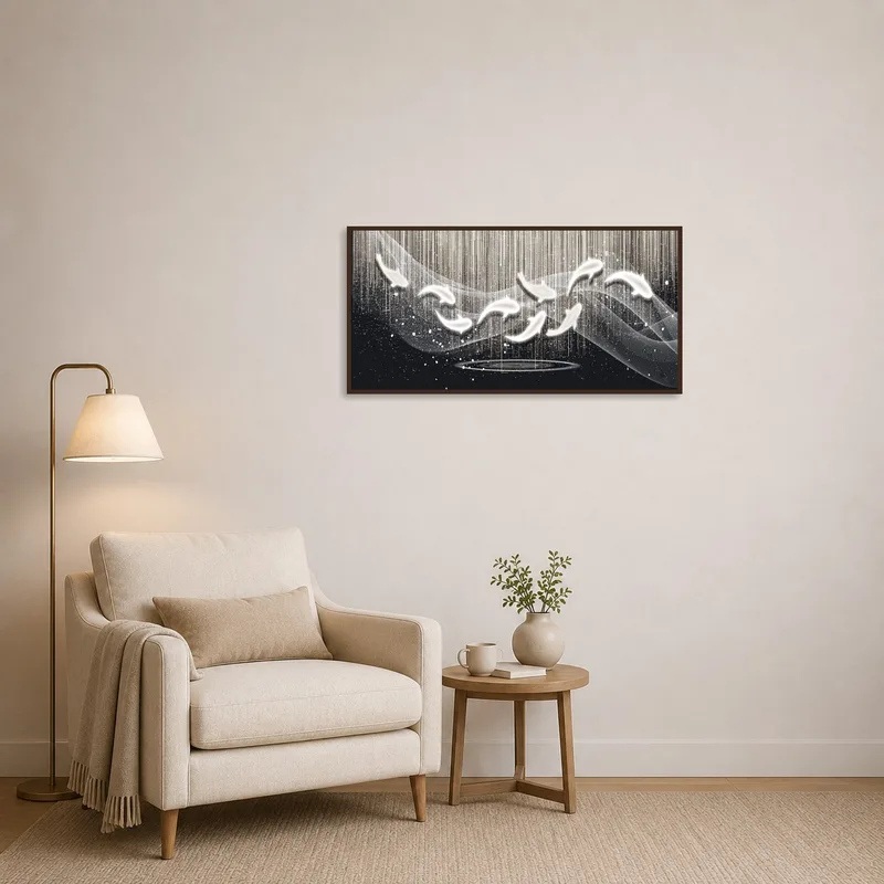Koi fish movement captured in abstract style, creating a serene vibe in a reading corner.