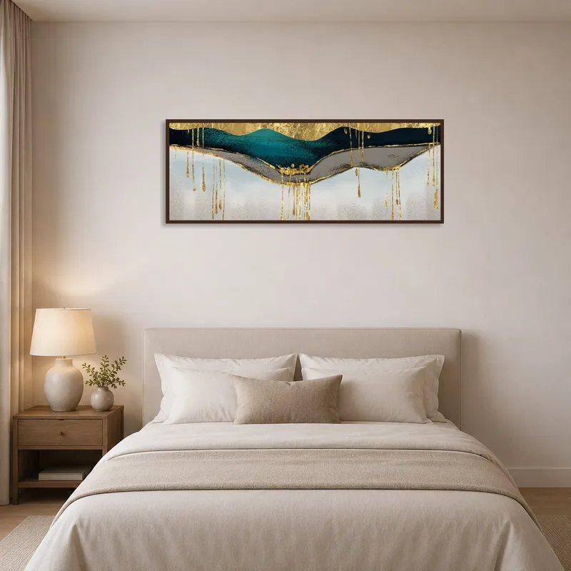 Bedroom displaying a calming abstract landscape with hints of gold.