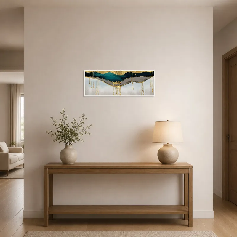 Entrance hall adorned with an abstract landscape featuring golden accents.