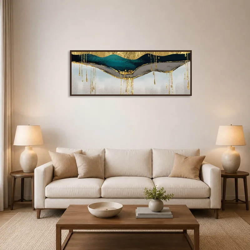 Abstract landscape art with gold accents in a stylish living room setting.