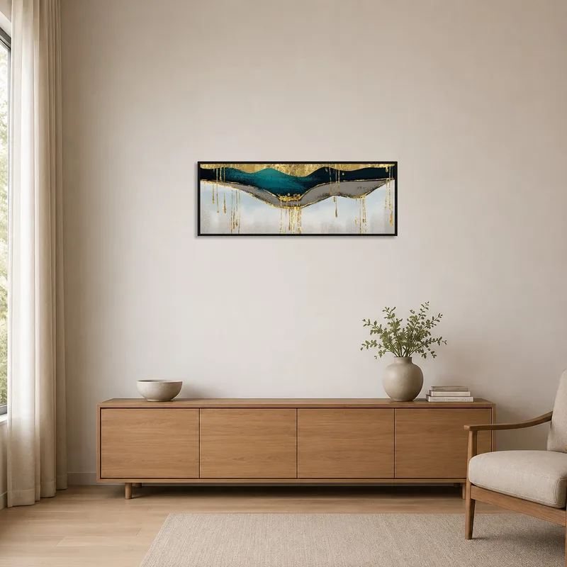 Minimalist room showcasing a vibrant abstract landscape with gold touches.