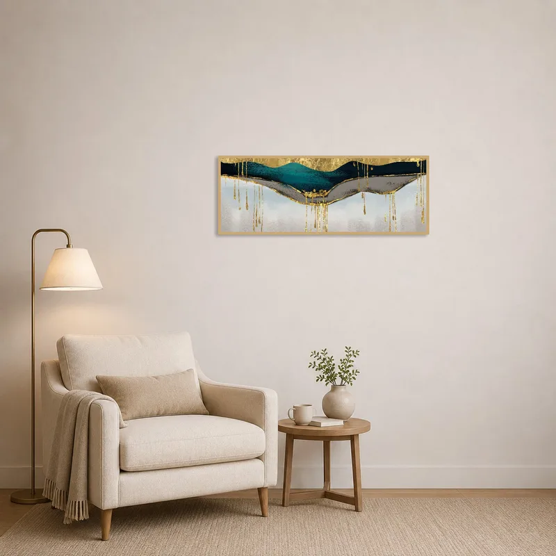 Reading corner enhanced by an abstract landscape with gold highlights.