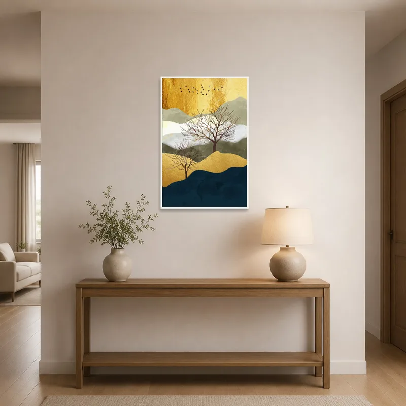 Abstract landscape greets with gold accents in the entrance hall.