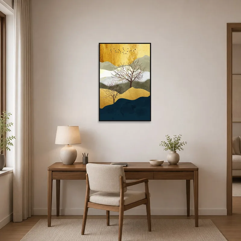 Abstract landscape with gold detailing enhances a chic home office wall.