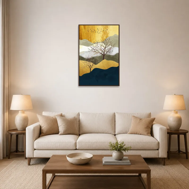 Abstract landscape with gold accents hangs above a modern living room sofa.