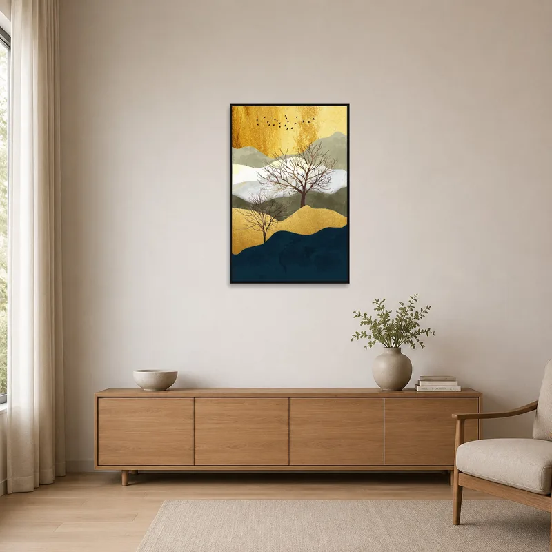 Abstract landscape with gold shines in a minimalist setting.