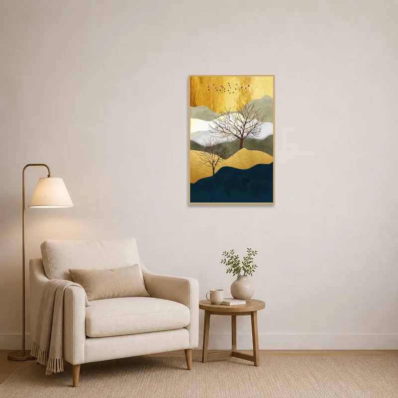 Abstract landscape adds elegance with gold tones in a cozy reading corner.