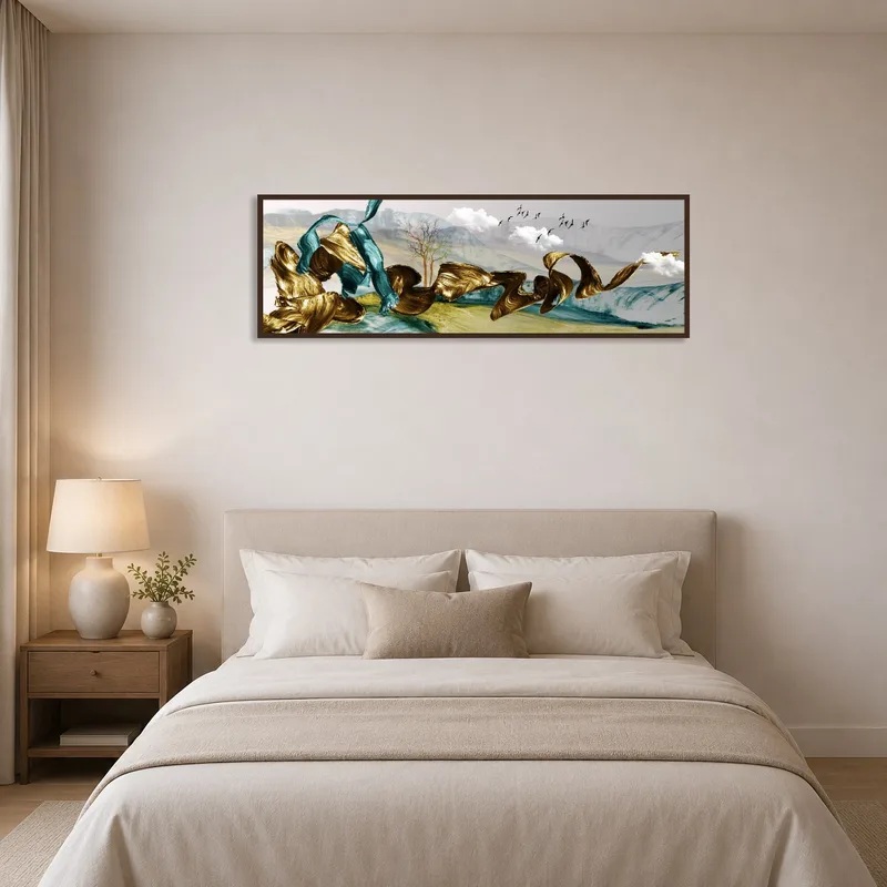 Abstract landscape with gold and teal hues complements muted bedroom decor.