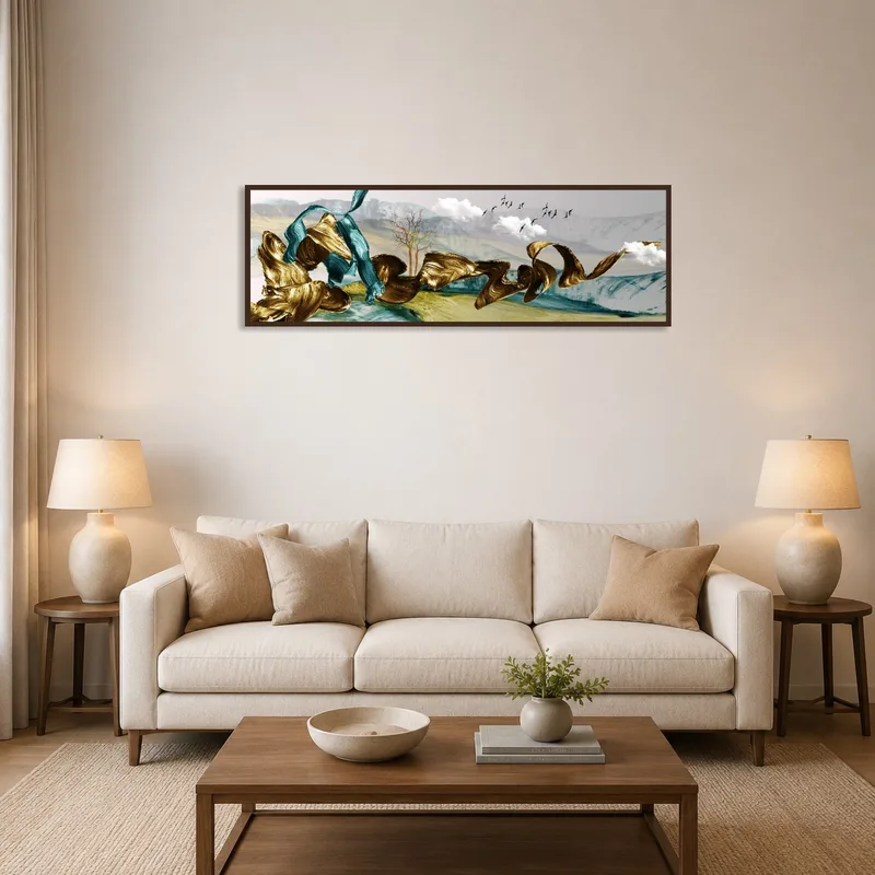 Abstract landscape with gold and teal motifs hangs above a cozy living room sofa.