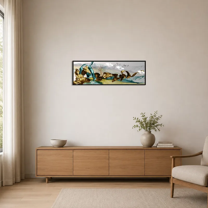 Minimalist room featuring abstract landscape with gold and teal accents on a plain wall.