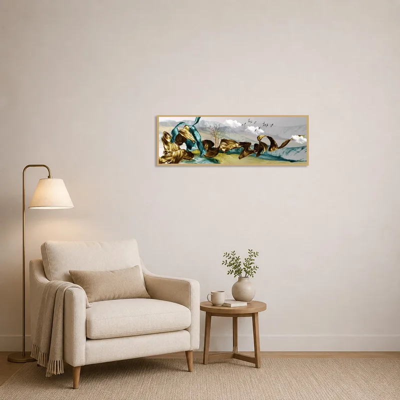 Abstract landscape artwork with golds and teals adds a splash of color to a reading nook.