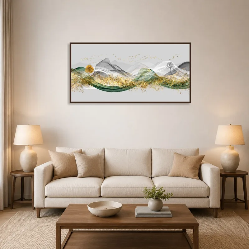 Abstract landscape art with trees adds elegance above a cozy sofa.