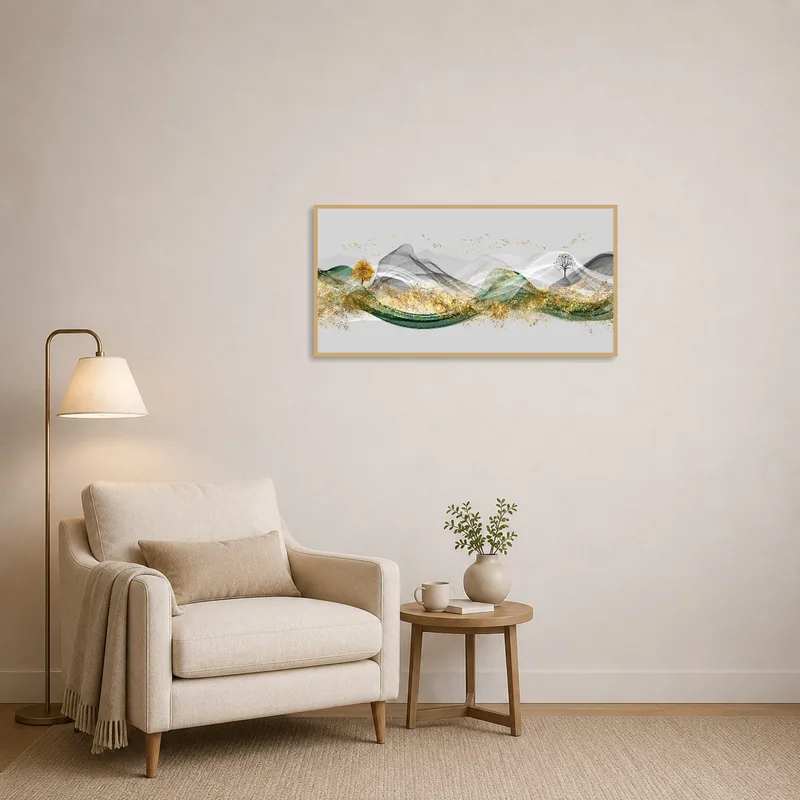 Gold-accented landscape art delivers tranquility to a snug reading corner.