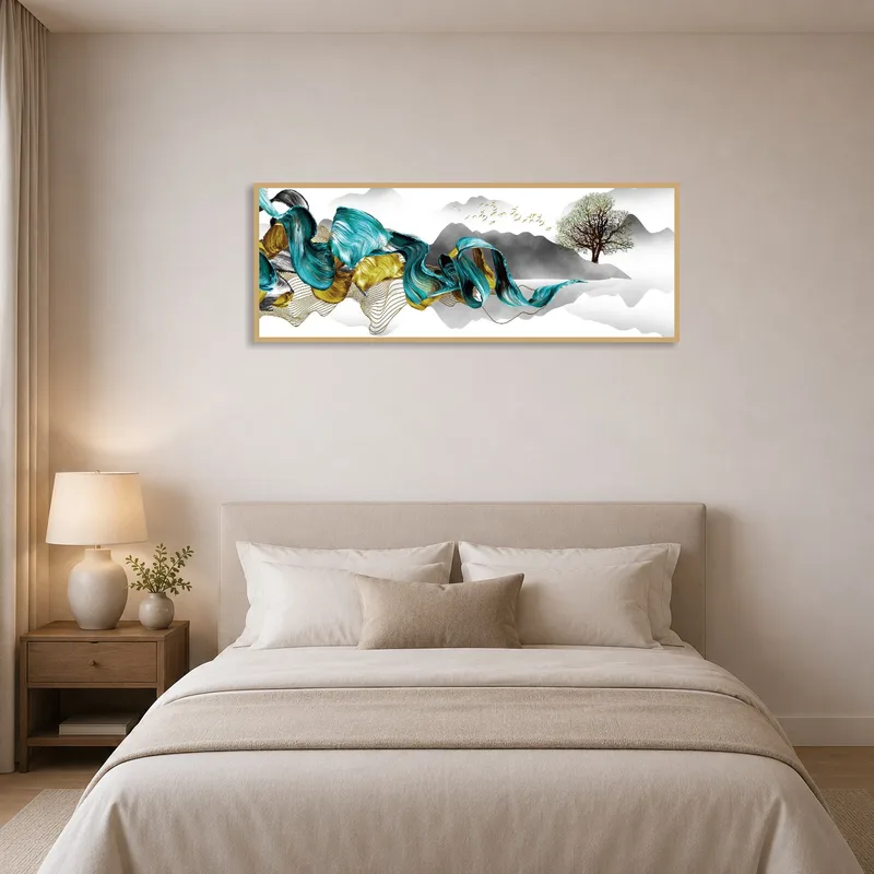Elegant abstract landscape with swirls in a tranquil bedroom.