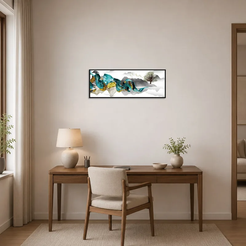 Colorful landscape with swirls enhances a home office wall.