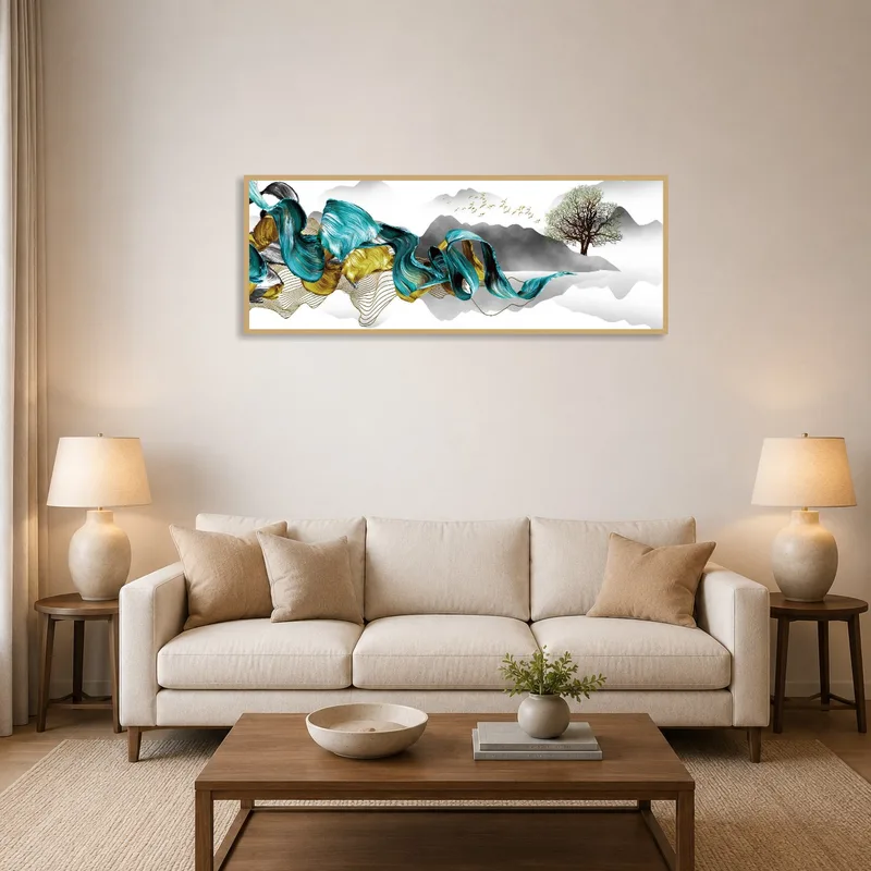 Abstract landscape with turquoise and gold swirls in a cozy living room setting.