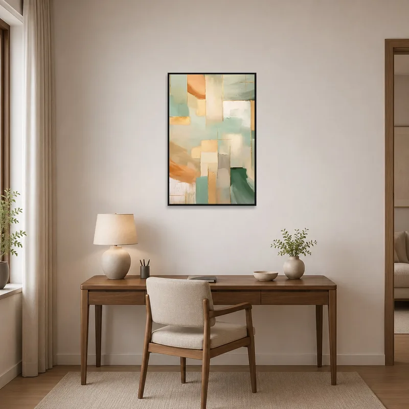 Abstract Layers wall art adding creativity to the home office.