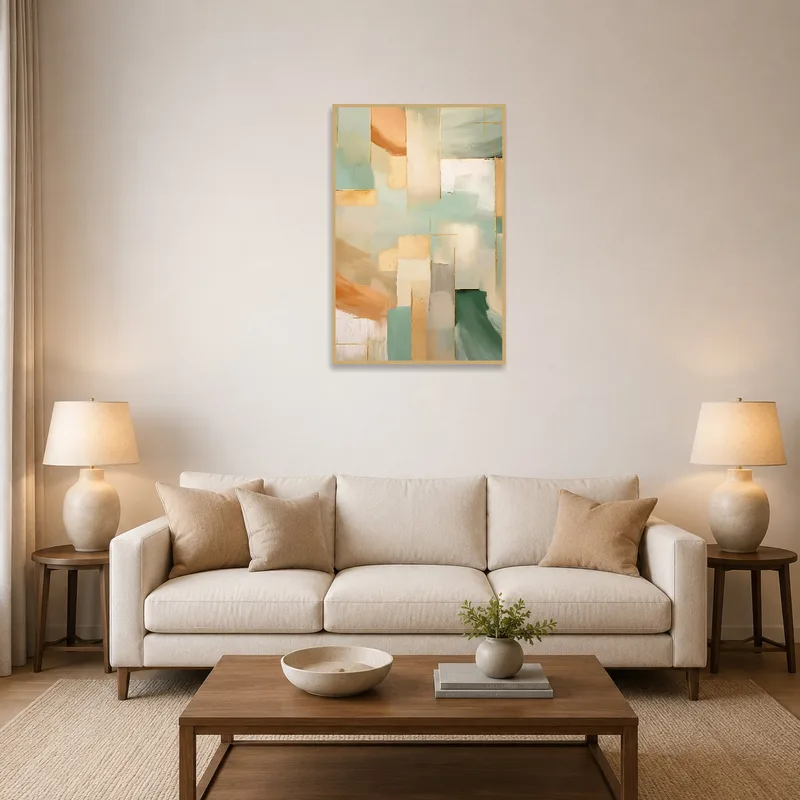 Abstract Layers art in earthy tones over a modern sofa in the living room.