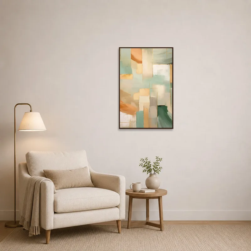 A cozy reading corner adorned with earthy tone abstract art.