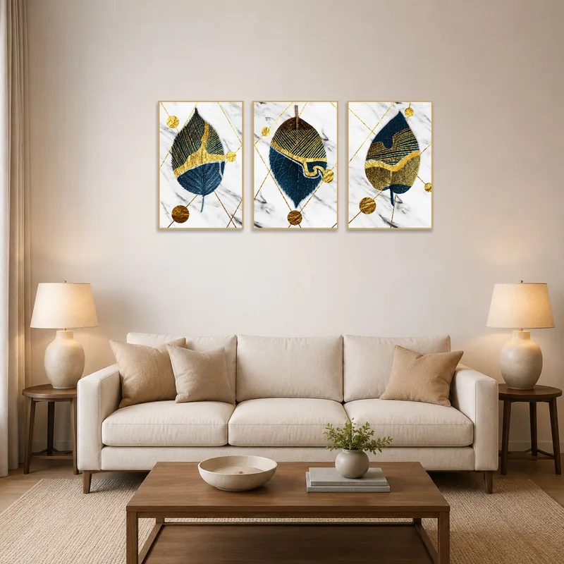 Triptych art with leaf and gold geometric designs in a cozy living room setting.