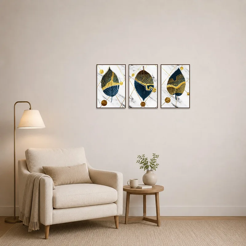 Elegant leaf and gold geometric artwork in a serene reading corner.