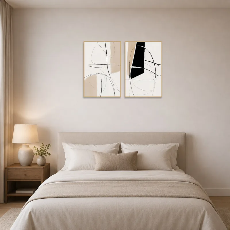 Abstract lines duo set adds modern flair to a tranquil bedroom setting.
