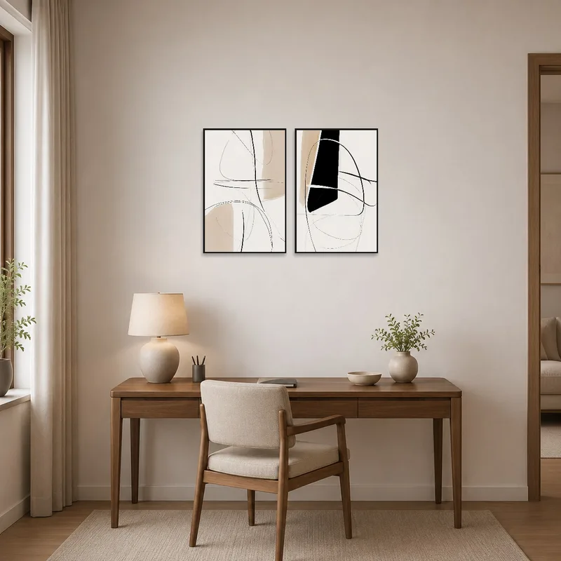 Elegant abstract line art duo set adorns a chic home office wall.